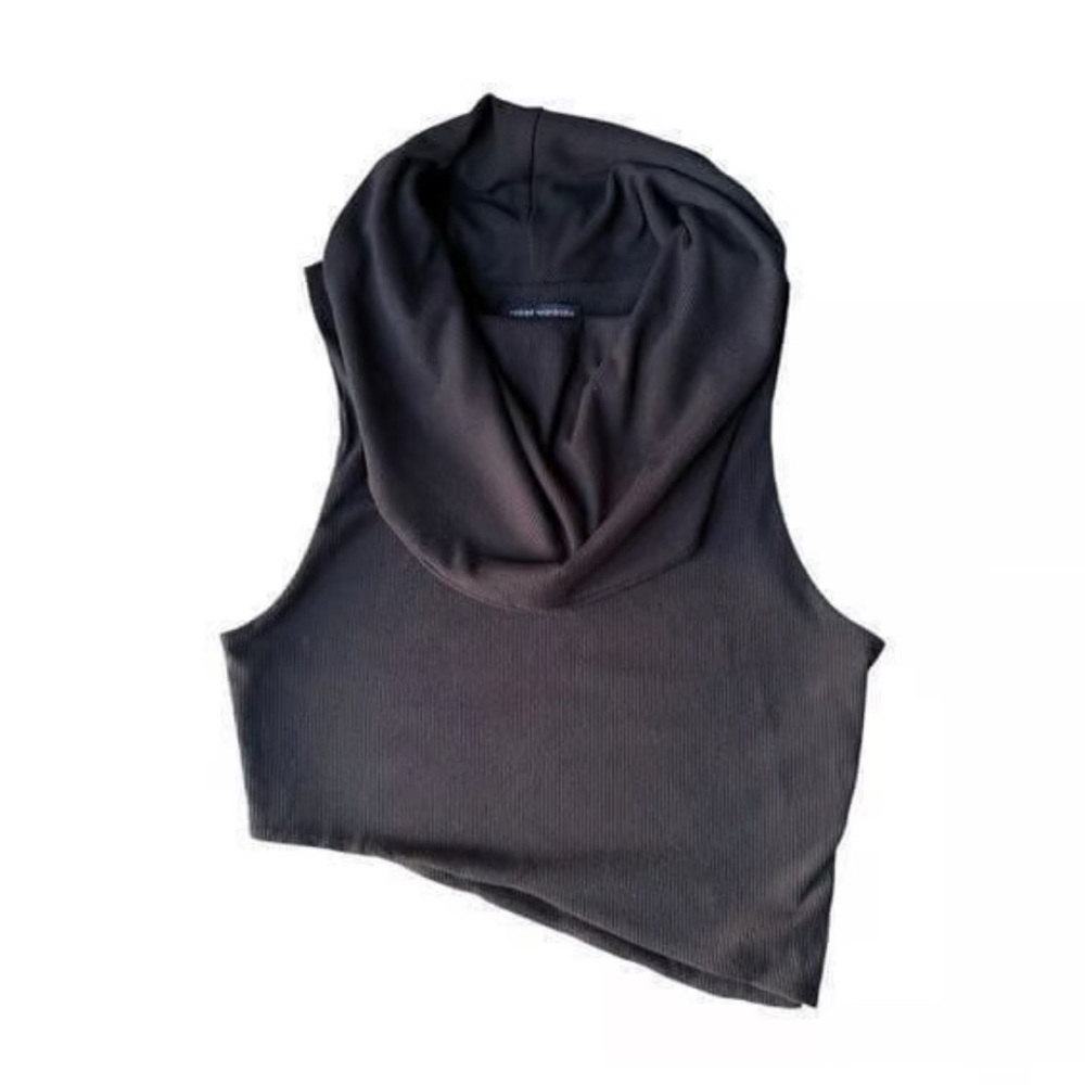 Naked Wardrobe Ribbed Sleeveless Cowl Neck Asymmetrical Crop Top in Black - Picture 14 of 15